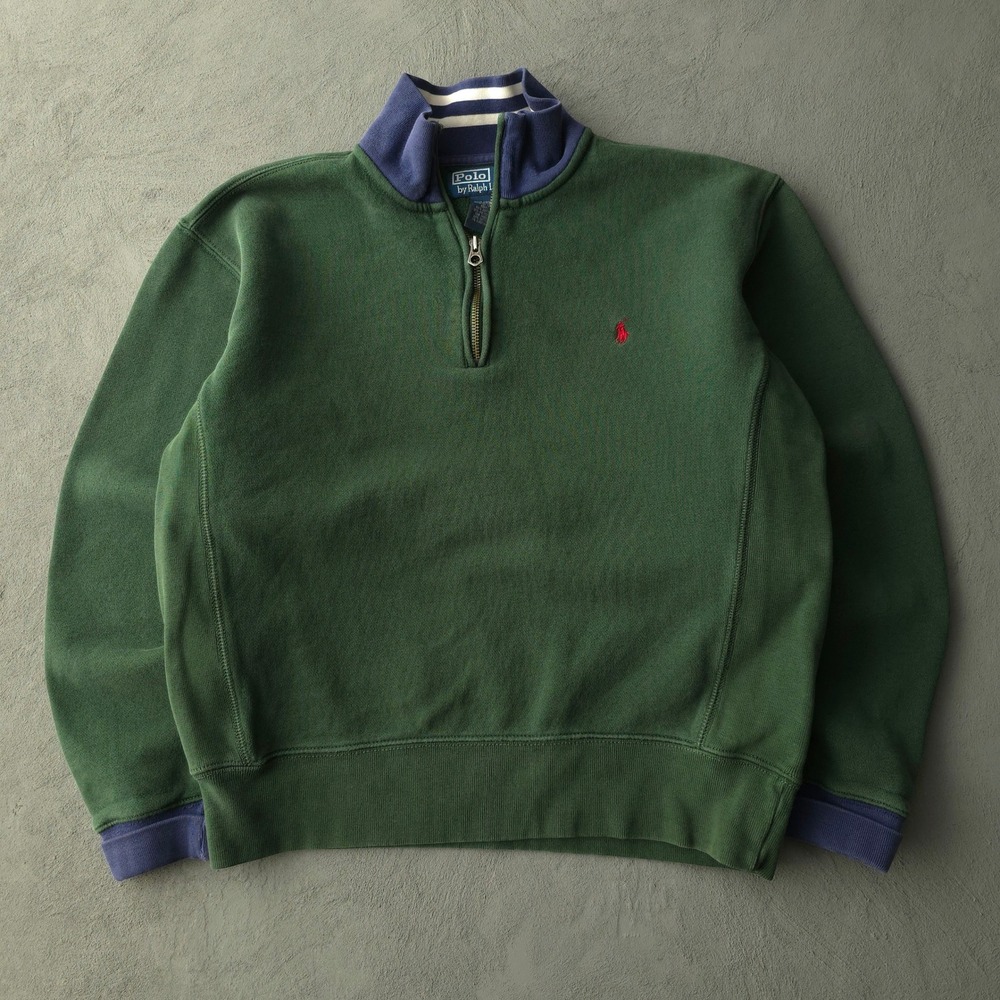 Vintage 90s Polo Ralph Lauren Green Quarter Zip Sweatshirt Size M Pony Logo